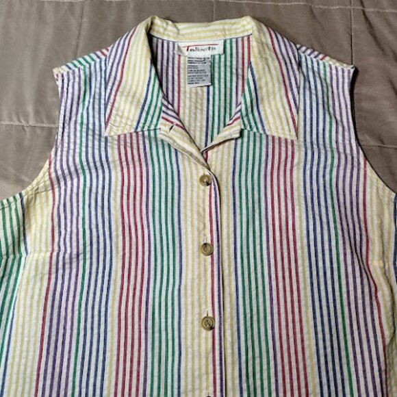 TALBOTS Vintage 90s Pastel Rainbow Stripe Sleeveless Button Down Cotton Blouse M - Picture 3 of 11